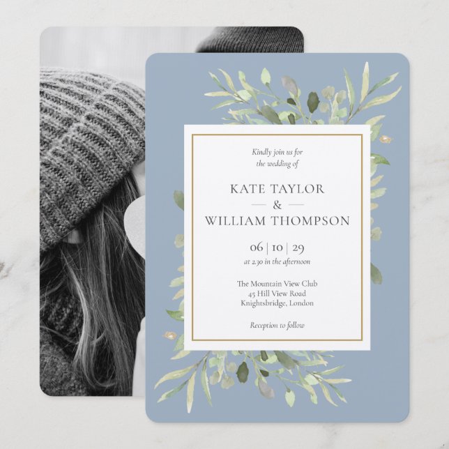 Dusty Blue Greenery Metallic Silver Photo Wedding Invitation (Front/Back)