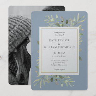 Dusty Blue Greenery Metallic Silver Photo Wedding Invitation