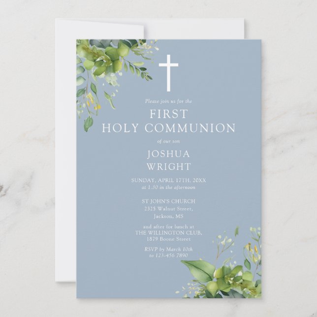 Dusty Blue Greenery Monogram First Holy Communion Invitation (Front)