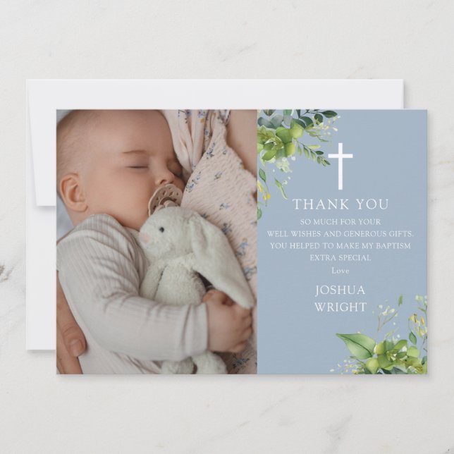 Dusty Blue Greenery Photo Baptism Christening Thank You Card (Front)