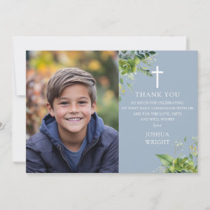 Dusty Blue Greenery Photo First Holy Communion Thank You Card