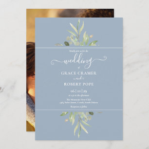 Dusty Blue Greenery Photo Gold Script Wedding Invitation