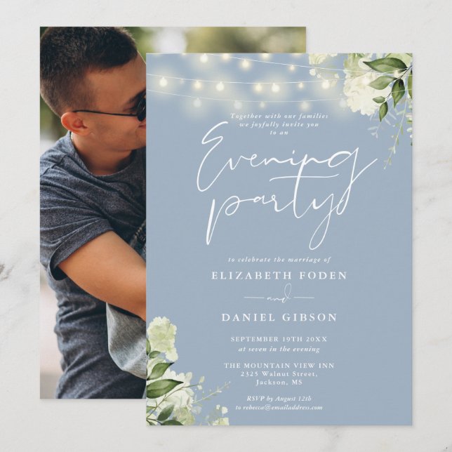 Dusty Blue Greenery Photo Wedding Evening Party Invitation (Front/Back)