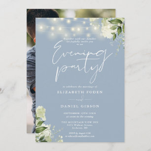 Dusty Blue Greenery Photo Wedding Evening Party Invitation