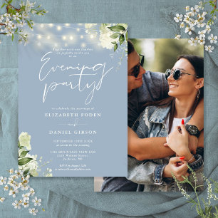 Dusty Blue Greenery Photo Wedding Evening Party Invitation
