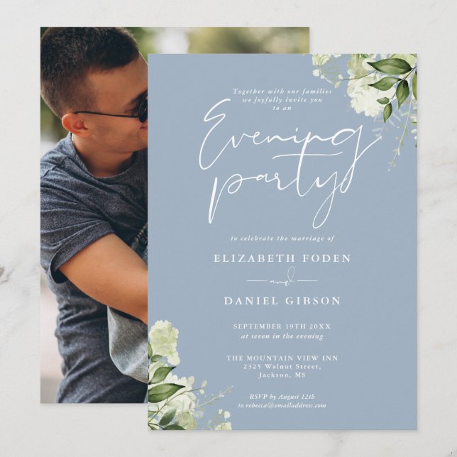 Dusty Blue Greenery Photo Wedding Evening Party Invitation (Front/Back)