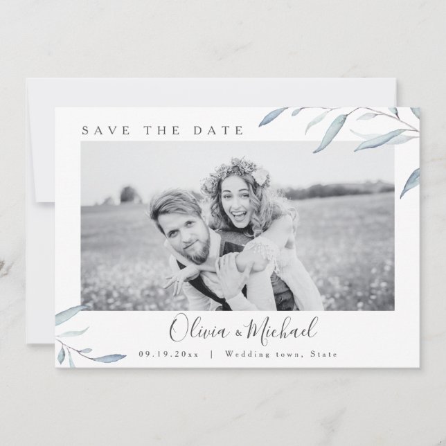 Dusty blue greenery photo wedding save the date invitation (Front)