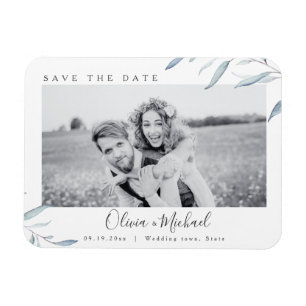 Dusty blue greenery photo wedding save the date magnet