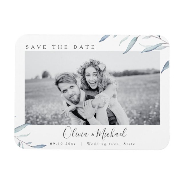 Dusty blue greenery photo wedding save the date magnet (Horizontal)