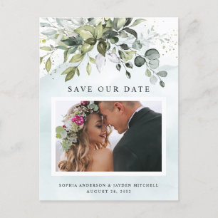 Dusty Blue Greenery Photo Wedding Save the Date Postcard