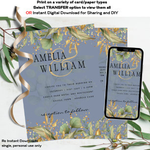 Dusty Blue Greenery Printed and Digital Wedding Invitation