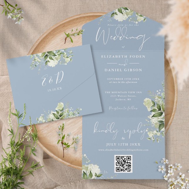 Dusty Blue Greenery QR Code Monogram Wedding All In One Invitation (Creator Uploaded)