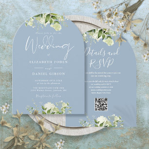 Dusty Blue Greenery QR Code Wedding Arch Invitation