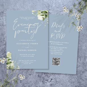 Dusty Blue Greenery QR Code Wedding Evening Party Invitation