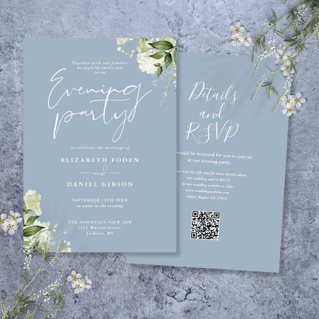 Dusty Blue Greenery QR Code Wedding Evening Party Invitation (Dusty Blue Greenery QR Code Wedding Evening Party Invitation)