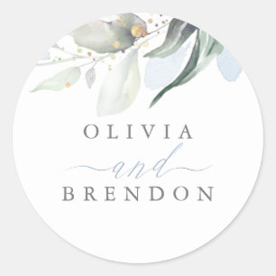 Dusty Blue Greenery Romantic Wedding Classic Round Sticker