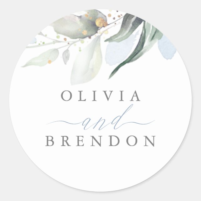 Dusty Blue Greenery Romantic Wedding Classic Round Sticker (Front)