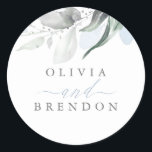 Dusty Blue Greenery Romantic Wedding Classic Round Sticker<br><div class="desc">Greenery and silver dusty blue wedding stickers</div>