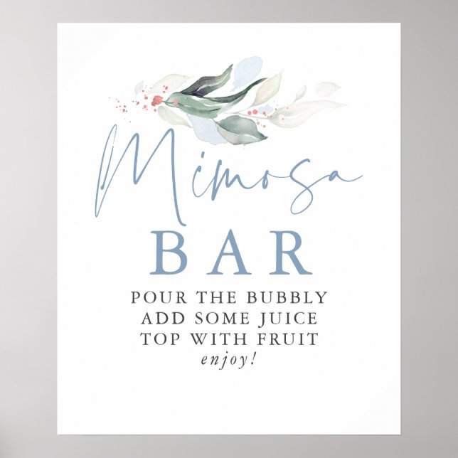 Dusty Blue Greenery Rose Gold Leaf Mimosa Bar Sign (Front)