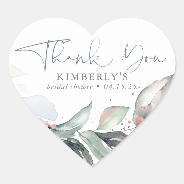 Dusty Blue Greenery Rose Gold Splatters Thank You Heart Sticker (Front)