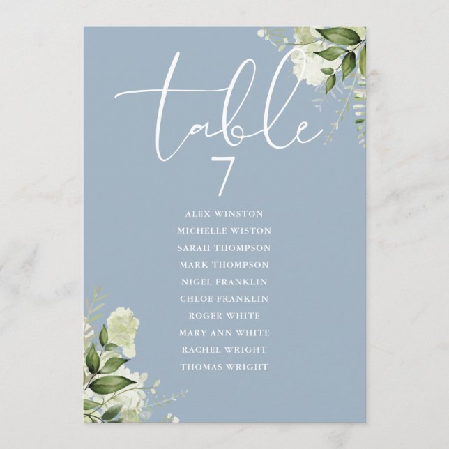 Dusty Blue Greenery Seating Plan Table Number (Front)