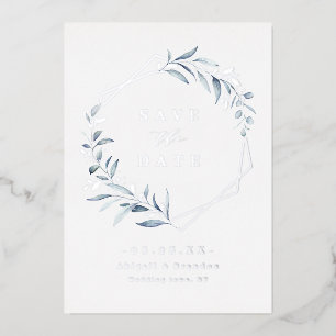 Dusty Blue Greenery Silver Geometric Save the date