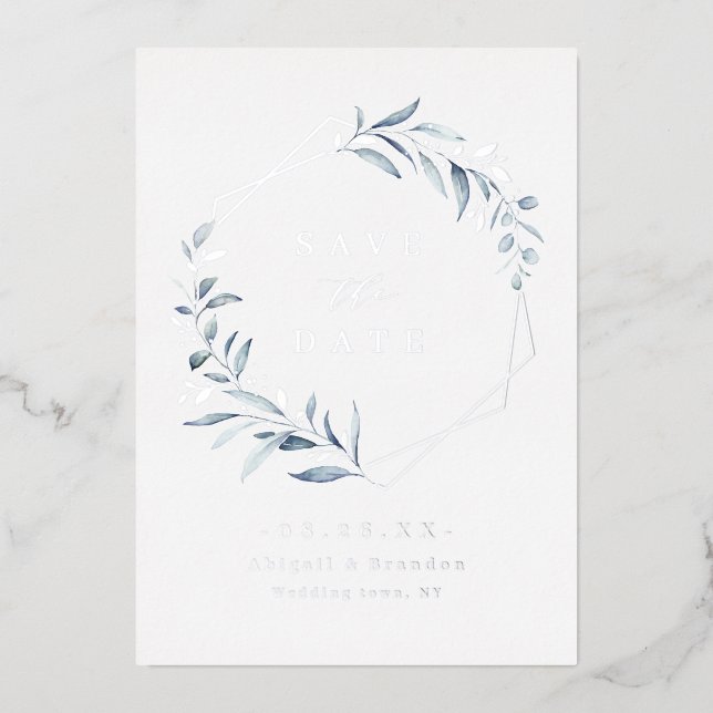 Dusty Blue Greenery Silver Geometric Save the date (Front)