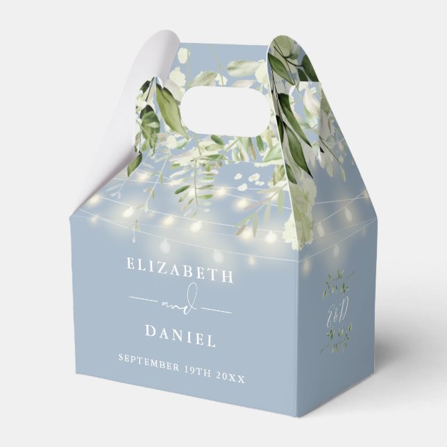 Dusty Blue Greenery String Lights Monogram Wedding Favour Box (Front Side)