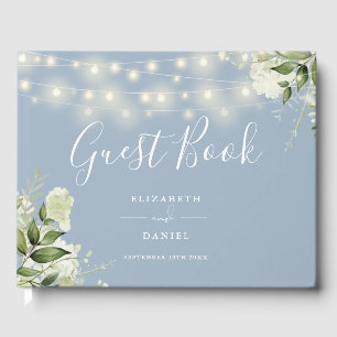 Dusty Blue Greenery String Lights Wedding Guest Book