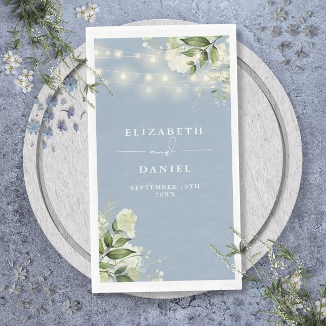 Dusty Blue Greenery String Lights Wedding Napkin (Dusty Blue Greenery String Lights Wedding Paper Guest Towels)