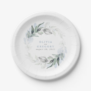 Dusty Blue Greenery Watercolor Romantic Wedding Paper Plate