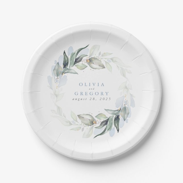 Dusty Blue Greenery Watercolor Romantic Wedding Paper Plate (Front)