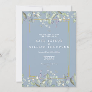 Dusty Blue Greenery Watercolour Floral Wedding Invitation