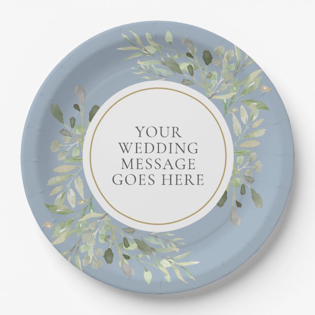 Dusty Blue Greenery Wedding Paper Plate (Front)