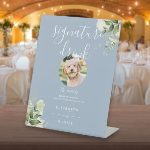 Dusty Blue Greenery Wedding Pet Signature Drink Pedestal Sign