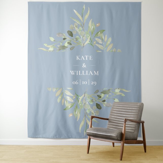 Dusty Blue Greenery Wedding Photo Booth Backdrop Tapestry (In Situ)