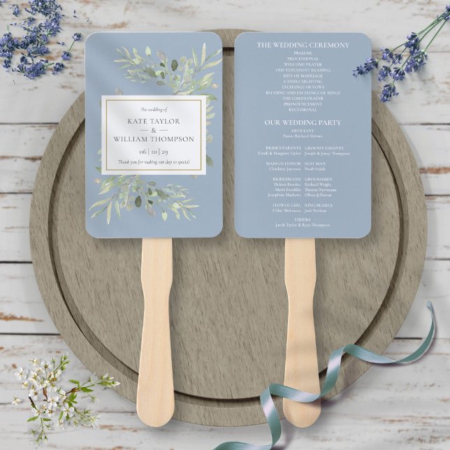 Dusty Blue Greenery Wedding Program Hand Fan (Dusty Blue Greenery Wedding Program Hand Fan)