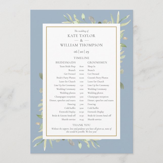 Dusty Blue Greenery Wedding Schedule Timeline Programme (Front)
