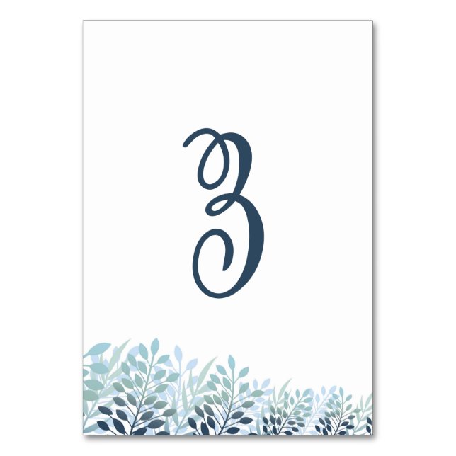 Dusty Blue Greenery Wedding Table Number Card (Front)