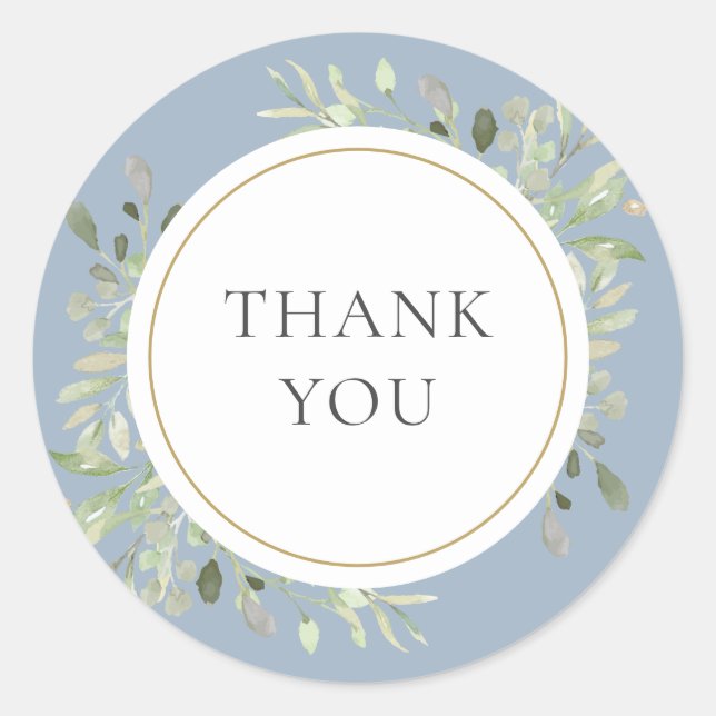 Dusty Blue Greenery Wedding Thank You Classic Round Sticker (Front)