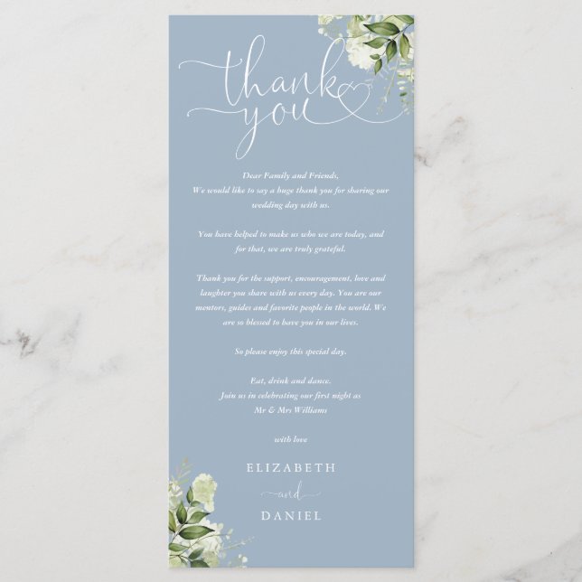 Dusty Blue Greenery Wedding Thank You Place Card (Front)