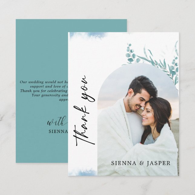 Dusty Blue Greenery Wild Meadow Photo Wedding  Thank You Card (Front/Back)