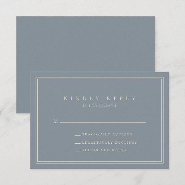 Dusty Blue-Grey and Gold Modern Minimalist Wedding RSVP Card (Front/Back)
