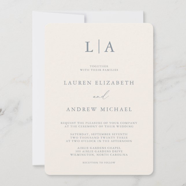 Dusty Blue Grey & Beige Minimalist Wedding Invitation (Front)