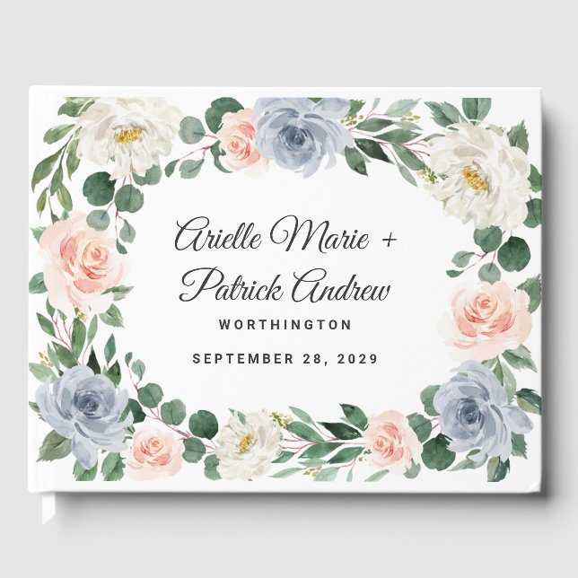 Dusty Blue Grey Blush Pink Peach Floral Wedding Guest Book (Front)
