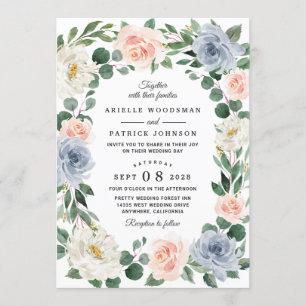 Dusty Blue Grey Blush Pink Peach Floral Wedding Invitation