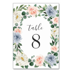 Dusty Blue Grey Blush Pink Peach Floral Wedding Table Number