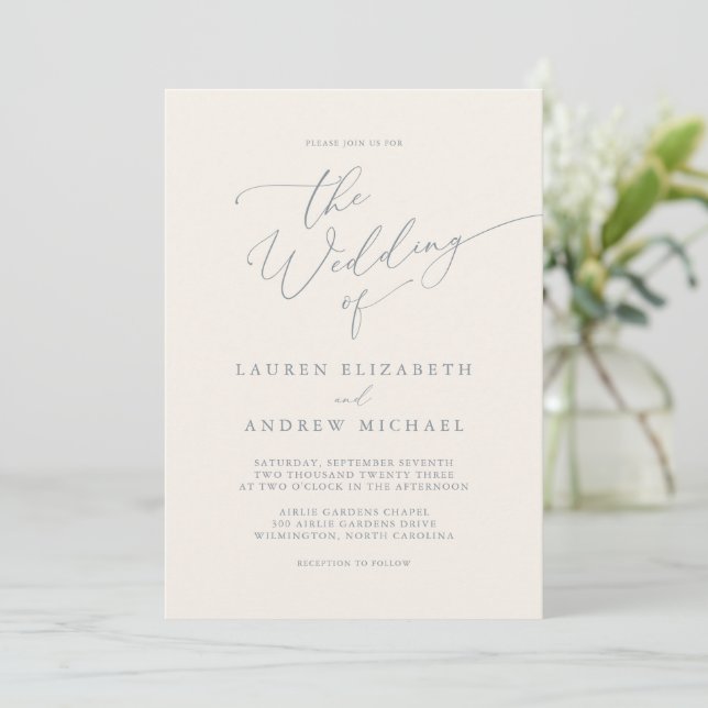 Dusty Blue Grey & Cream Wedding Invitation (Standing Front)