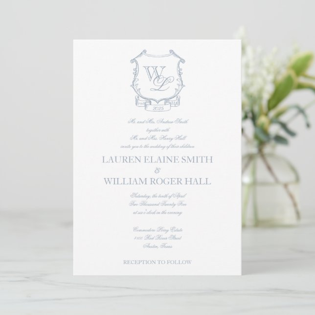 Dusty Blue Grey Crest Wedding Invitation (Standing Front)