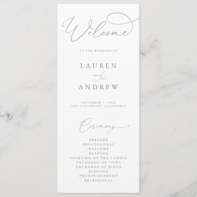 Dusty Blue Grey Elegant Minimalist Wedding Programme (Front)